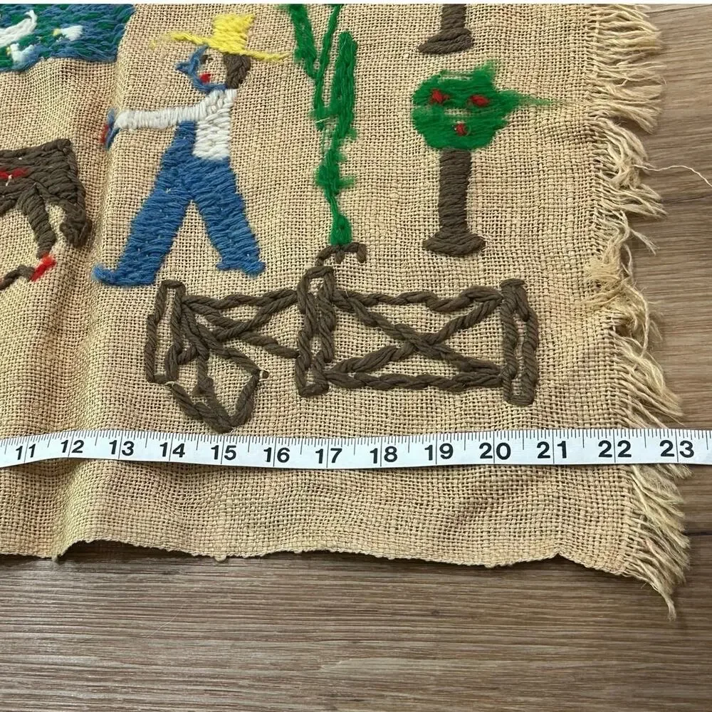 Vintage 1950s Handmade Primitive Farm Folk Art Embroidered Burlap Wall Hanging -